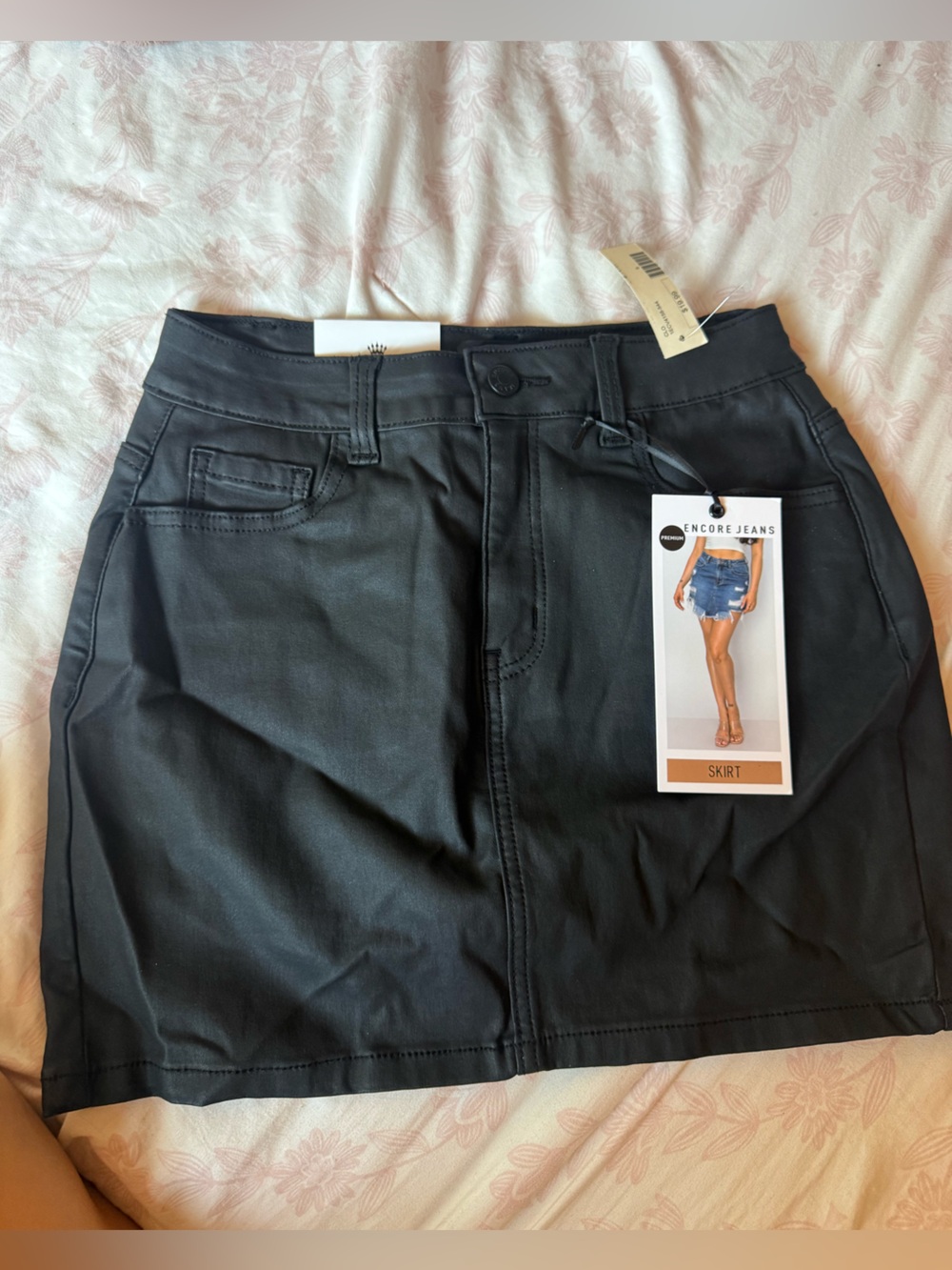 Encore Jeans Black Faux Leather Mini Skirt with Front Seam